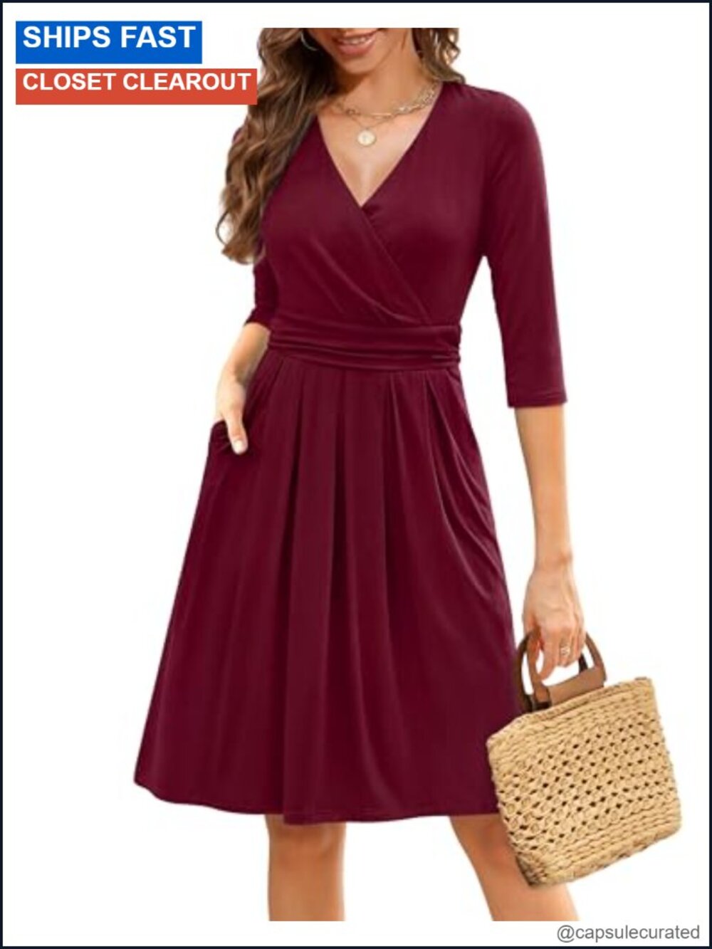 3/4 Sleeve Wrap V-Neck Pleated A-Line Dress with Pockets